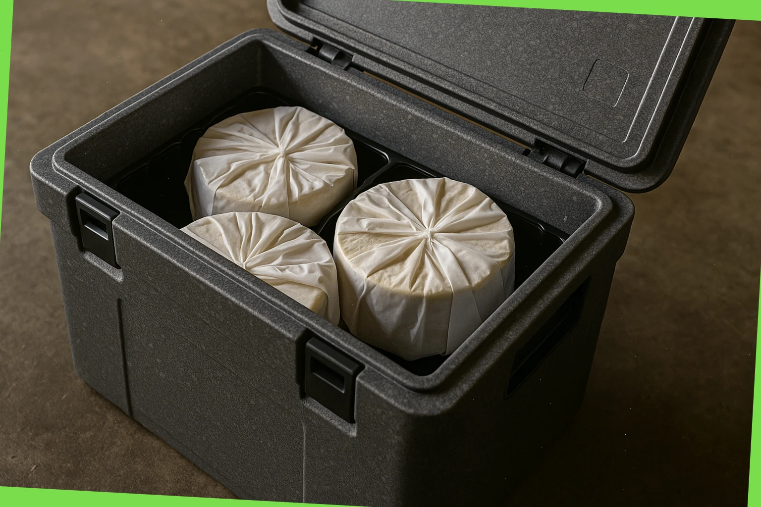 Insulated delivery crate with wrapped cheese rounds