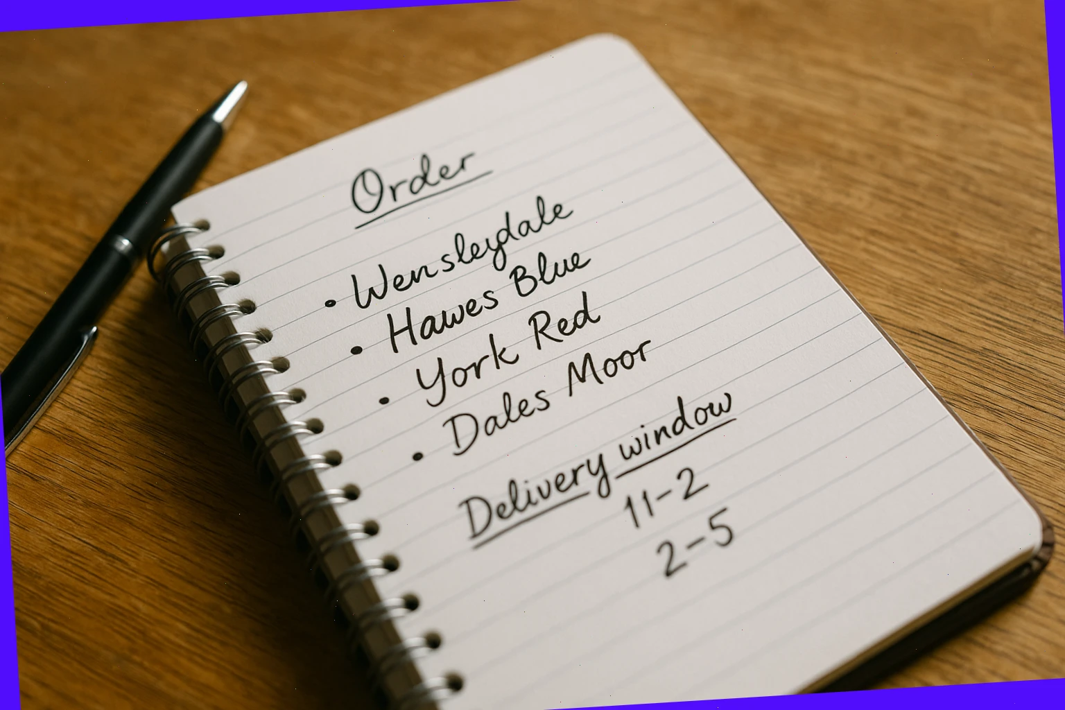 Order notebook with selections and time window notes