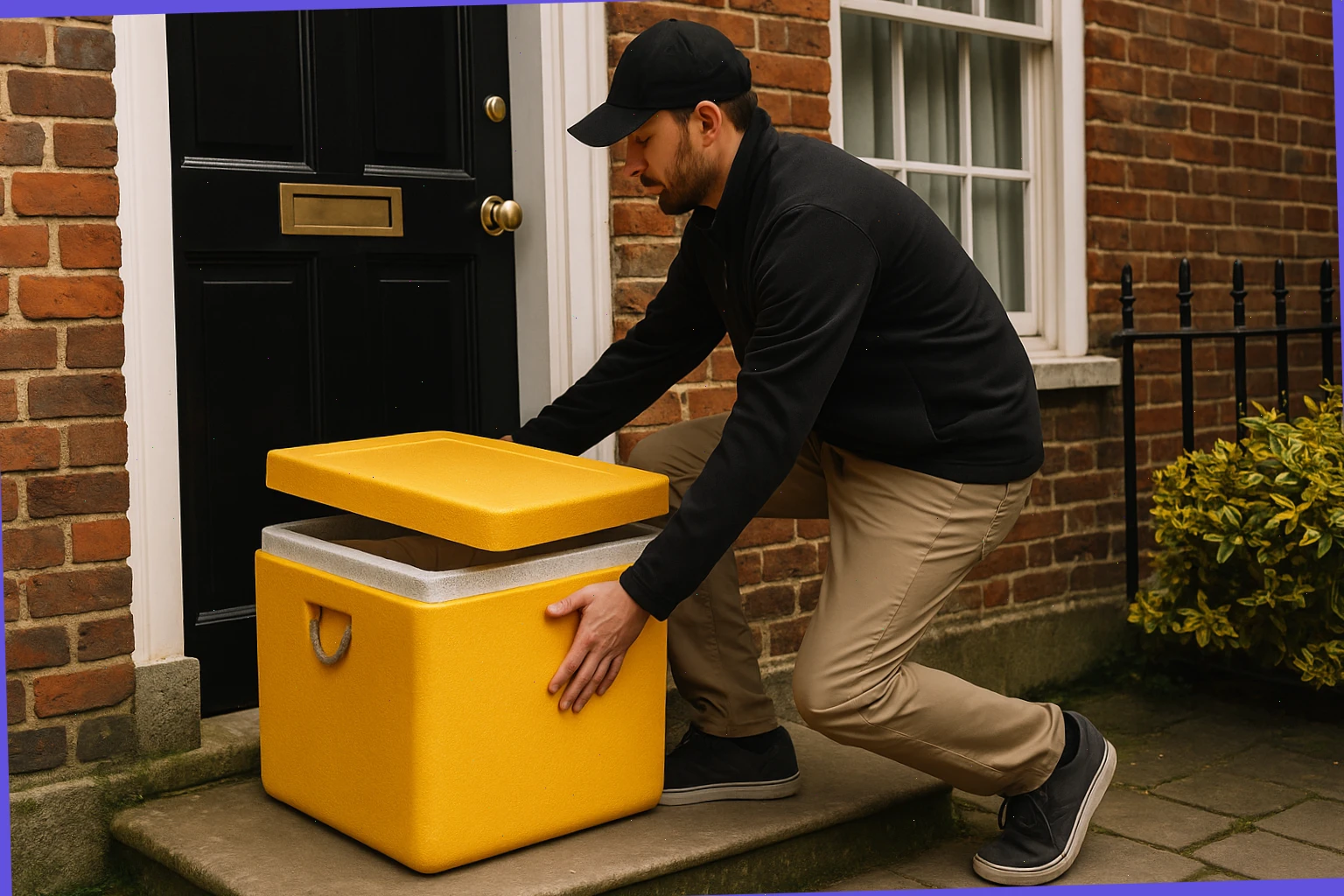 Courier placing a chilled box at a townhouse step